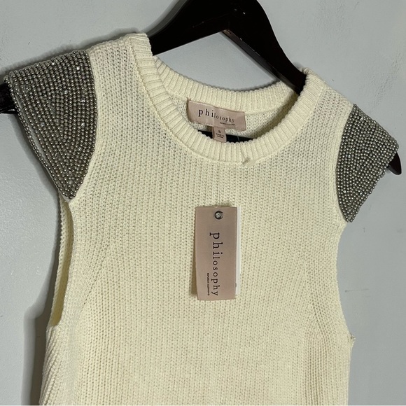 Philosophy Size Small Knit Ivory Beaded Cap Sleeve NEW Sweater Cotton Rhinestone - Picture 2 of 8